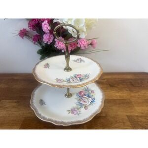 Royal Winton Grimwades Two Tier Cake Stand Pink Roses Gold Trim England Romantic